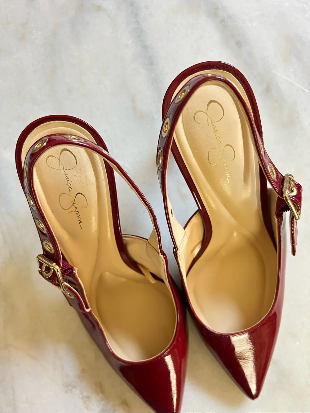 Jessica Simpson Wine Patent Pointed-Toe Slingback Heels